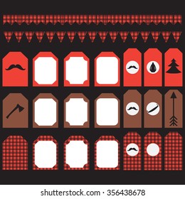 Printable set of vintage Lumberjack party elements. Templates, labels, icons and wraps. Trendy Hipster Buffalo Check ,Tartan and Gingham Patterns vector