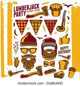 Printable set of vintage Lumberjack party icons element. Templates, labels, icons and wraps. Trendy Hipster Tartan and Gingham Patterns. Isolated. Suitable for any print and on-line media need.