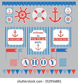 Printable set of vintage nautical party elements. Templates, labels, icons and wraps