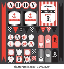Printable set of vintage nautical pirate party elements. Templates, labels, flags, icons and wraps vector design elements, sailor party