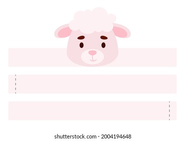 Printable sheep paper crown. Diy cut party ribbon template for birthday, christmas, baby shower. Fun accessory for entertainment. Print, cut and glue. Vector stock illustration.