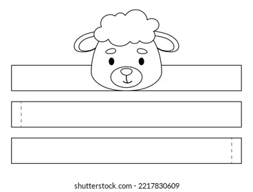 Printable sheep paper crown. Diy cut party ribbon template for birthday, Christmas, baby shower. Fun accessory for entertainment. Print, color, cut and glue. Vector stock illustration