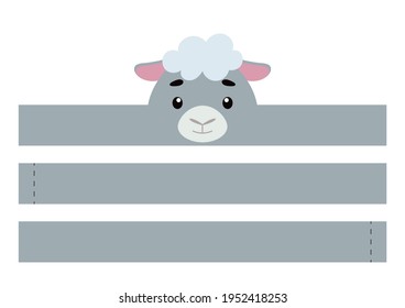 Printable sheep paper crown. Party headband die cut template for birthday, christmas, baby shower. Fun accessory for entertainment. Print, cut and glue. Vector stock illustration.