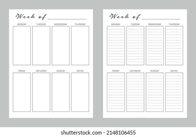 Printable sheet weekly planner. Minimal design