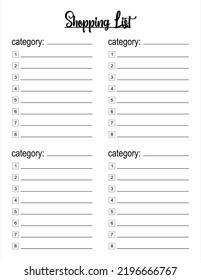 Printable Shopping list vector page. Blank for DIY scrapbooking notepad. Template with categories for minimalist planner, organizer. Housekeeper everyday routine.  check list with lines. Vector Eps8