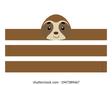 Printable sloth paper crown. Party headband die cut template for birthday, christmas, baby shower. Fun accessory for entertainment. Print, cut and glue. Vector stock illustration.