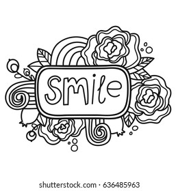 Printable "SMILE" sticker page. Fun summer doodle frame. Floral decoration. Print out and color it yourself. Coloring page.