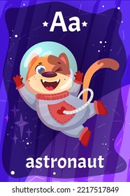 Printable space alphabet flash card with letter A. Cartoon cute dog astronaut and english word on flashcard for children education. Kid cards for teaching reading in kindergarten or primary school.