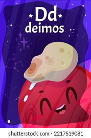 Tarjeta de flash con alfabeto de espacio imprimible con letra D. Cartoon deimos satélite con la palabra en inglés en flashcard para la educación de los niños. Tarjetas infantiles para enseñar lectura en kindergarten o escuela primaria.