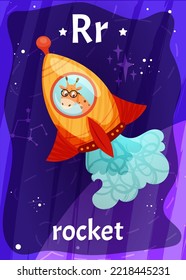 Printable space alphabet flashcard with letter R. Cartoon cute astronaut in rocket and english word name on flash card for children education. Kid cards for teaching reading in preschool, kindergarten