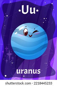 Printable space alphabet flashcard with letter U. Cartoon cute uranus planet in solar system with english word name on flash card for children education. Kid cards for teaching reading in preschool.