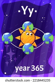 Printable space alphabet flashcard with letter Y. Cartoon earth around the cute sun with english word name on flash card for children education. Kid cards for teaching reading in kindergarten.