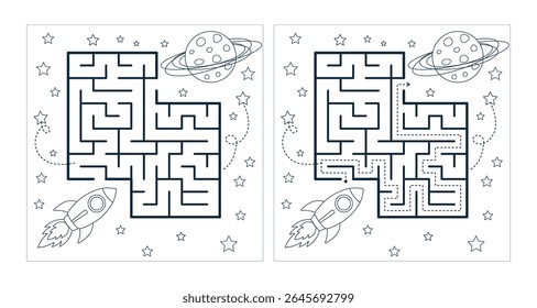 Printable space maze with solution – black and white rocket maze to planet, kids coloring puzzle with answer path, vector line art