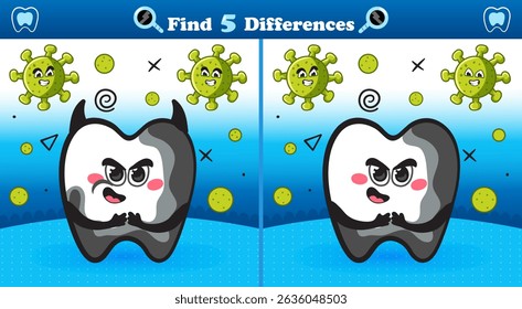 Printable spot the differences activity featuring a mischievous black tooth and smiling bacteria. Fun dental hygiene game for kids to improve focus and visual skills.
