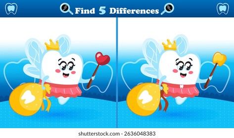 Printable spot the differences game featuring a cute tooth fairy flying with a magical wand and bag of teeth. Fun dental-themed activity for kids to improve focus and attention.