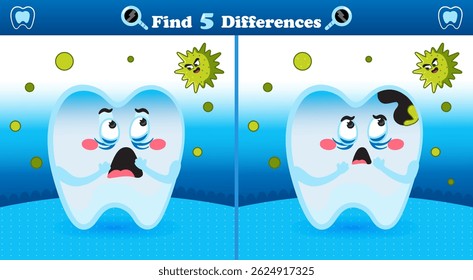 Printable spot the differences game showing a frightened tooth character facing bacteria. Fun dental hygiene activity for kids to learn while playing