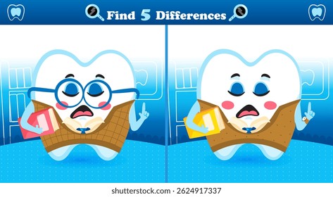 Printable spot the differences game showing a smart tooth character. Fun dental hygiene activity for kids to learn while playing 