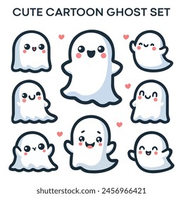 Printable sticker about minimal cute cartoon friendly ghost, white background in vector