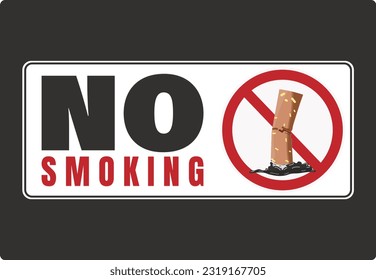 Printable sticker label design of no smoking area with tobacco cigarette butts extinguished with ashes in rectangle black square, fire hazard, free smoke area