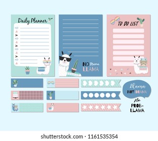 Printable and sticker with llama,alpaca,cactus,glasses,cake,heart in funny style. with wording llama not drama,no problem llama