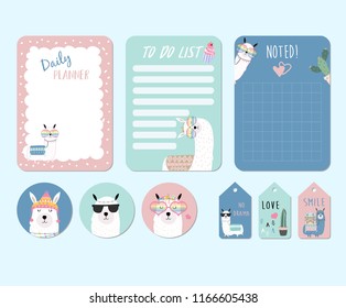 Printable and sticker with llama,alpaca,cactus,glasses,cake,heart in funny style. with wording llama not drama