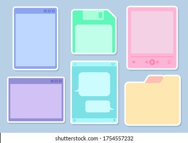 Printable Stickers Set with White Strokes. Form of Folder, Computer Window, Save Icon (Diskette), Music Player, Messenger Dialogue. Colored Frames. Printable Vector for Notes or Diary. Bullet Journal.