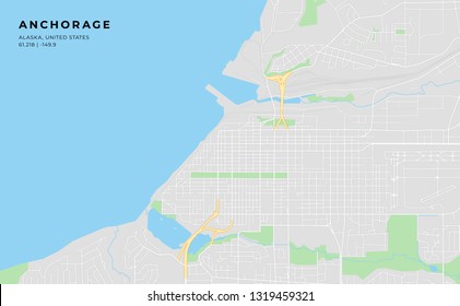 Printable streetmap of Anchorage including highways, major roads, minor roads and bigger railways. The name of the city and the geographic data are grouped and can be removed if they are not needed.
