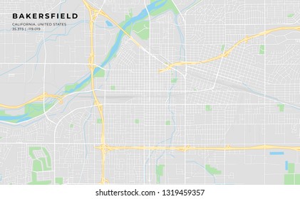 Printable streetmap of Bakersfield including highways, major roads, minor roads and bigger railways. The name of the city and the geographic data are grouped and can be removed if they are not needed.