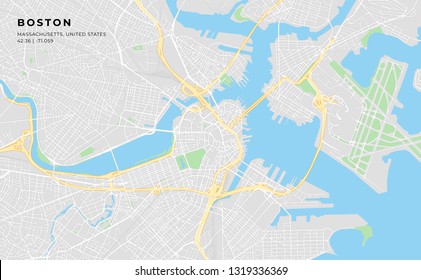 Printable streetmap of Boston including highways, major roads, minor roads and bigger railways. The name of the city and the geographic data are grouped and can be removed if they are not needed. svg