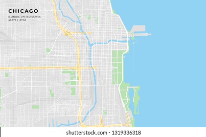 Printable streetmap of Chicago including highways, major roads, minor roads and bigger railways. The name of the city and the geographic data are grouped and can be removed if they are not needed.