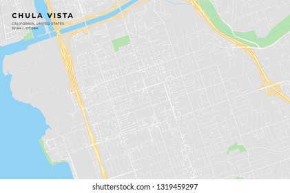 Printable streetmap of Chula Vista including highways, major roads, minor roads and bigger railways. The name of the city and the geographic data are grouped and can be removed if they are not needed.