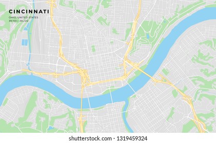 Printable streetmap of Cincinnati including highways, major roads, minor roads and bigger railways. The name of the city and the geographic data are grouped and can be removed if they are not needed.
