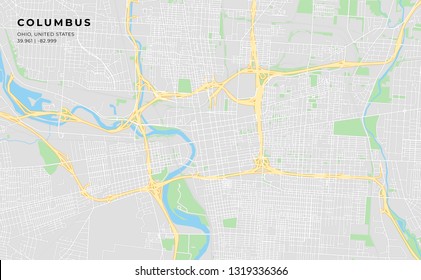 Printable streetmap of Columbus including highways, major roads, minor roads and bigger railways. The name of the city and the geographic data are grouped and can be removed if they are not needed.