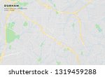 Printable streetmap of Durham including highways, major roads, minor roads and bigger railways. The name of the city and the geographic data are grouped and can be removed if they are not needed.