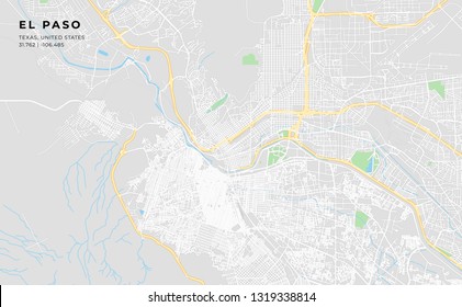 Printable streetmap of El Paso including highways, major roads, minor roads and bigger railways. The name of the city and the geographic data are grouped and can be removed if they are not needed.