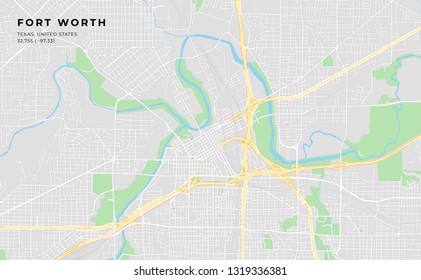 Printable streetmap of Fort Worth including highways, major roads, minor roads and bigger railways. The name of the city and the geographic data are grouped and can be removed if they are not needed.
