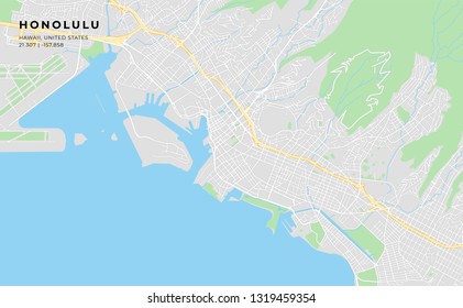 Printable streetmap of Honolulu including highways, major roads, minor roads and bigger railways. The name of the city and the geographic data are grouped and can be removed if they are not needed.