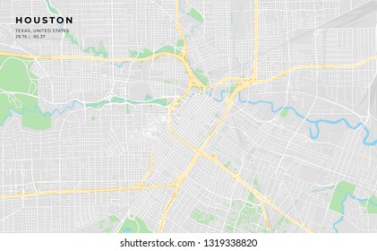 Printable streetmap of Houston including highways, major roads, minor roads and bigger railways. The name of the city and the geographic data are grouped and can be removed if they are not needed.