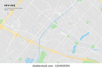 Printable streetmap of Irvine including highways, major roads, minor roads and bigger railways. The name of the city and the geographic data are grouped and can be removed if they are not needed.