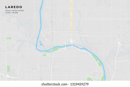 Printable streetmap of Laredo including highways, major roads, minor roads and bigger railways. The name of the city and the geographic data are grouped and can be removed if they are not needed.