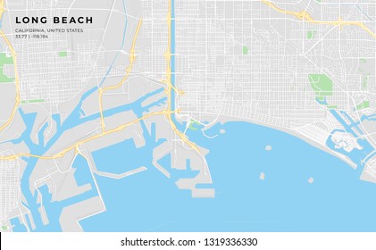 Printable streetmap of Long Beach including highways, major roads, minor roads and bigger railways. The name of the city and the geographic data are grouped and can be removed if they are not needed.