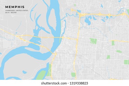 Printable streetmap of Memphis including highways, major roads, minor roads and bigger railways. The name of the city and the geographic data are grouped and can be removed if they are not needed.