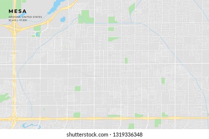 Printable streetmap of Mesa including highways, major roads, minor roads and bigger railways. The name of the city and the geographic data are grouped and can be removed if they are not needed.