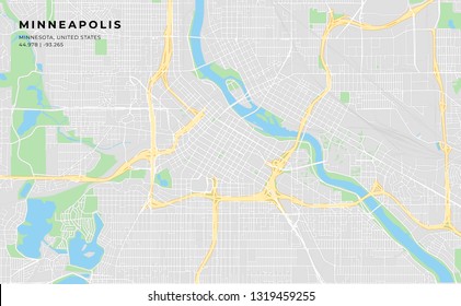 Printable streetmap of Minneapolis including highways, major roads, minor roads and bigger railways. The name of the city and the geographic data are grouped and can be removed if they are not needed.