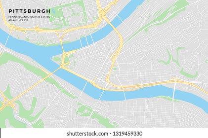 Printable streetmap of Pittsburgh including highways, major roads, minor roads and bigger railways. The name of the city and the geographic data are grouped and can be removed if they are not needed.