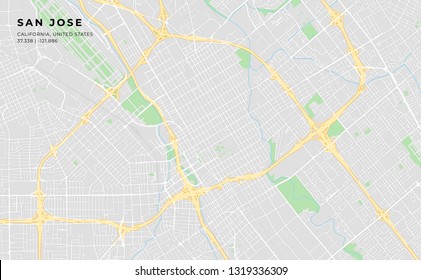Printable streetmap of San Jose including highways, major roads, minor roads and bigger railways. The name of the city and the geographic data are grouped and can be removed if they are not needed.