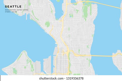 Printable streetmap of Seattle including highways, major roads, minor roads and bigger railways. The name of the city and the geographic data are grouped and can be removed if they are not needed.