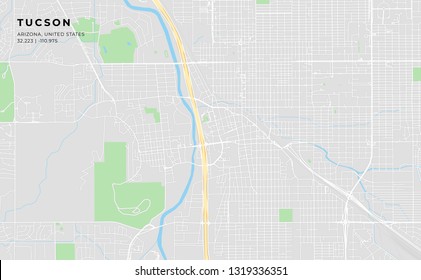Printable streetmap of Tucson including highways, major roads, minor roads and bigger railways. The name of the city and the geographic data are grouped and can be removed if they are not needed.