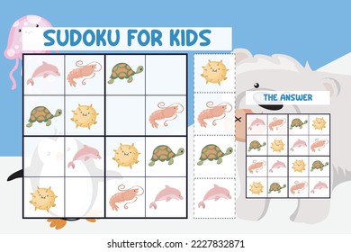 Printable Sudoku game for kids with animal theme. Brain exercise game for kids. Printable puzzle game for preschool. Vector illustration file.