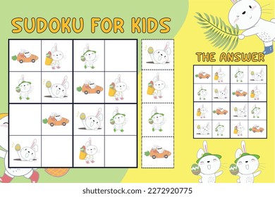 Printable Sudoku for kids. Sudoku Easy level for children. Educational worksheet for children. Printable puzzle game for preschool.  Cute and funny cartoon characters. Vector illustration.